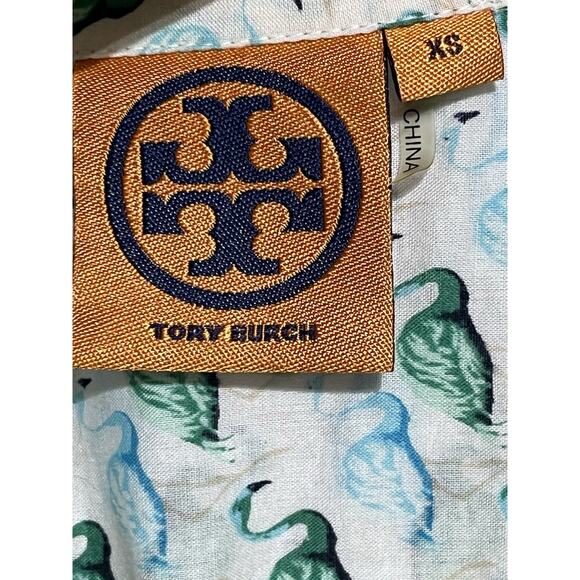 Tory Burch Flamingo Shirt Womens XS White Green Button Up Roll Tab Lightweight - Picture 11 of 14